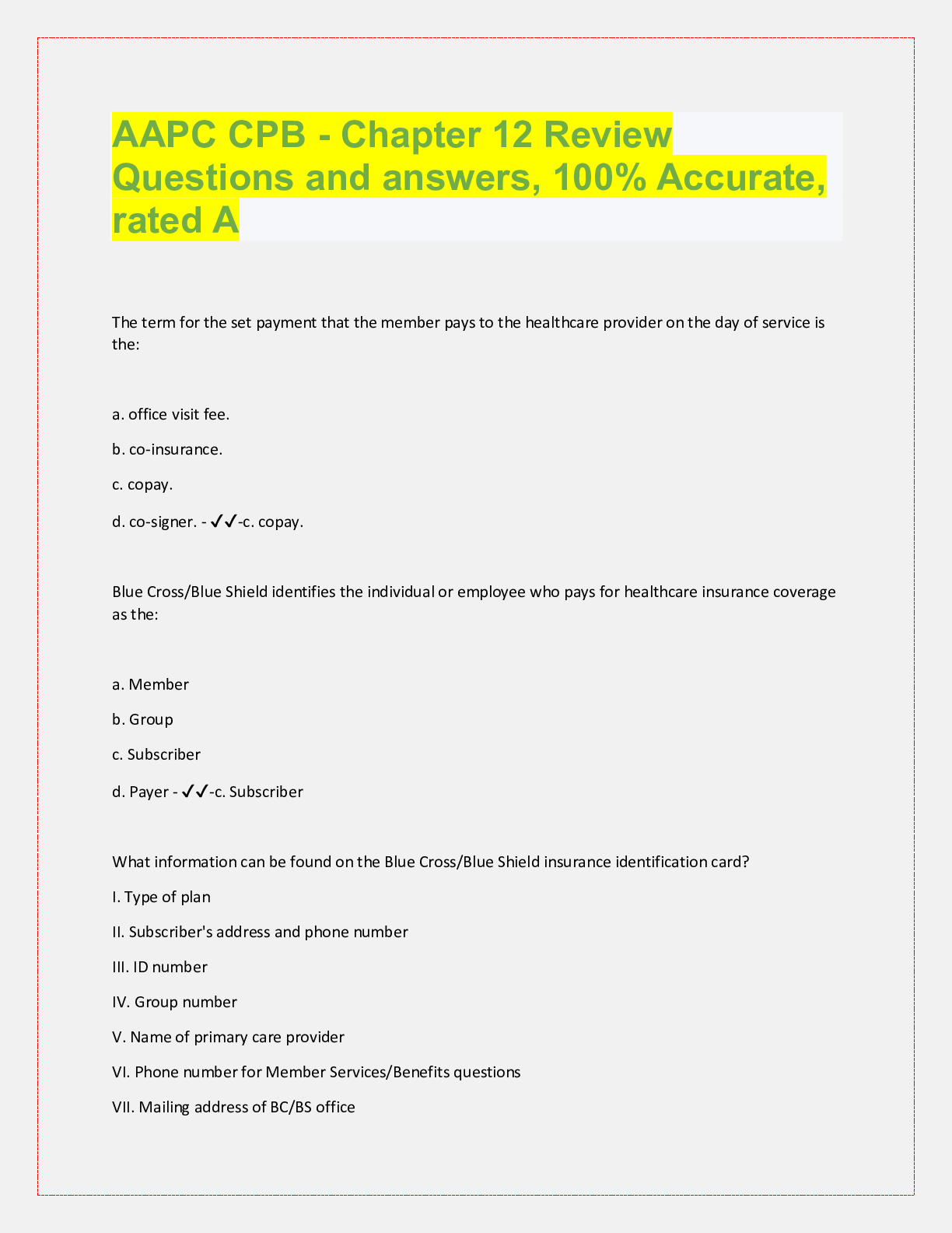 Preview image for AAPC CPB - Chapter 12 Review Questions and answers, 100% Accurate,  rated A